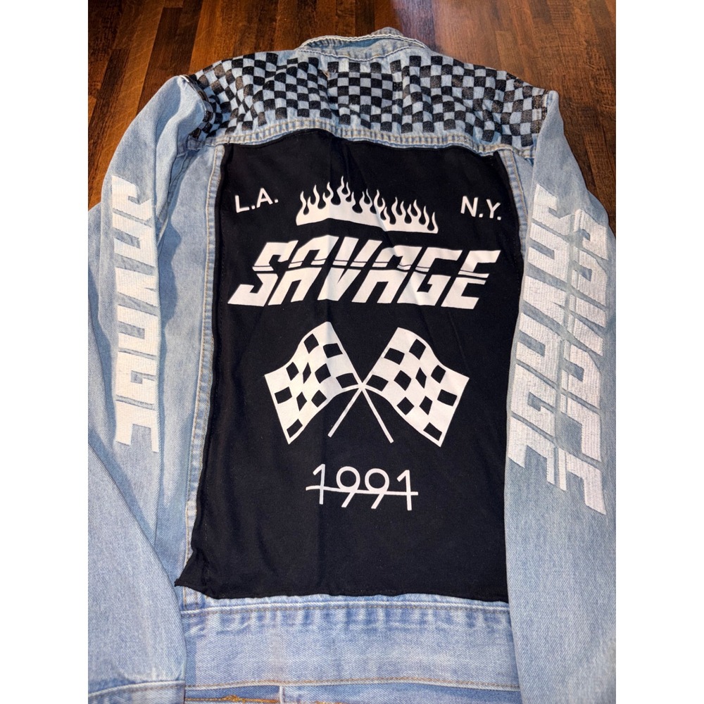 Carbon Mens Savage 1991 Racing Graphic Denim Jacket Light Wash Blue Small
